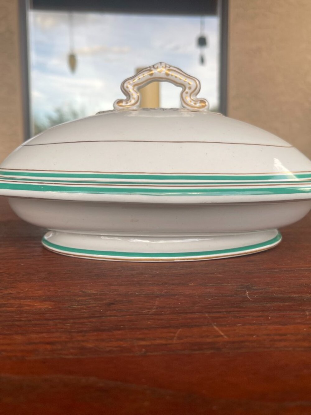 Antique 19th Century English Copeland Green Stripe Tureen Bowl with Cover